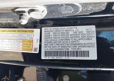 2021 Honda Pilot Awd Special Edition z USA, uszkodzony, nr VIN 5FNYF6H28MB073988